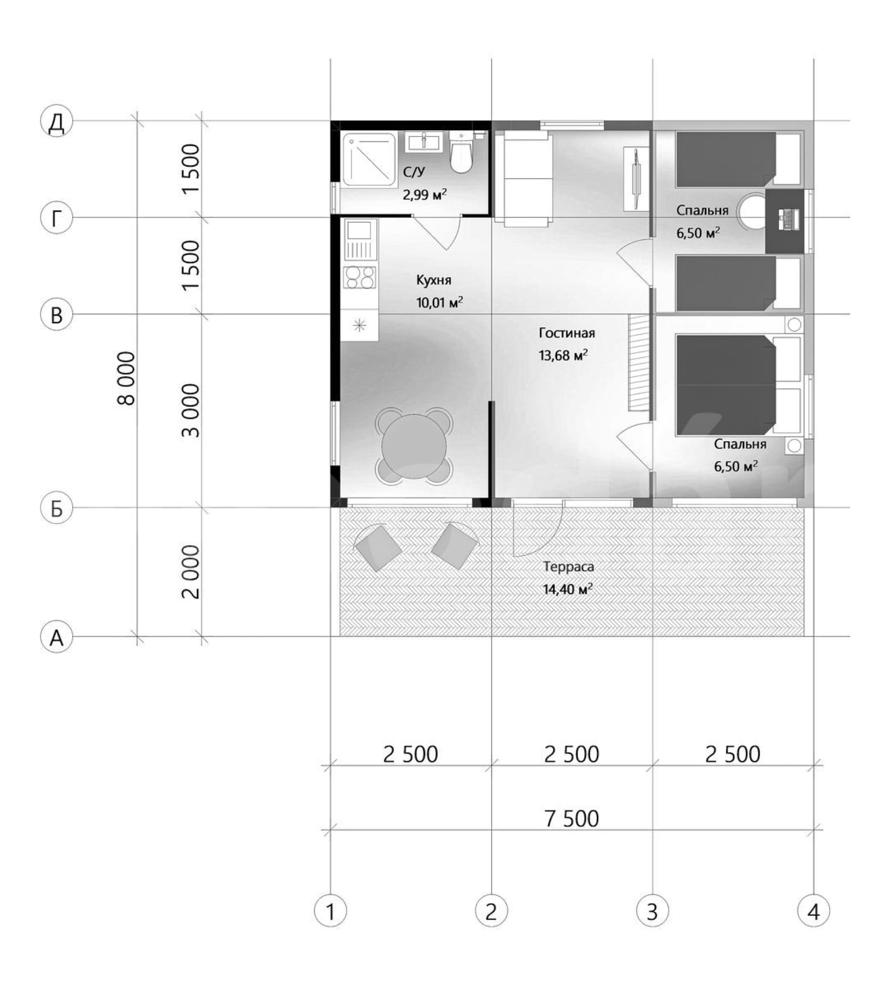 Планировка модульного дома Альта 60 м² с двумя спальнями